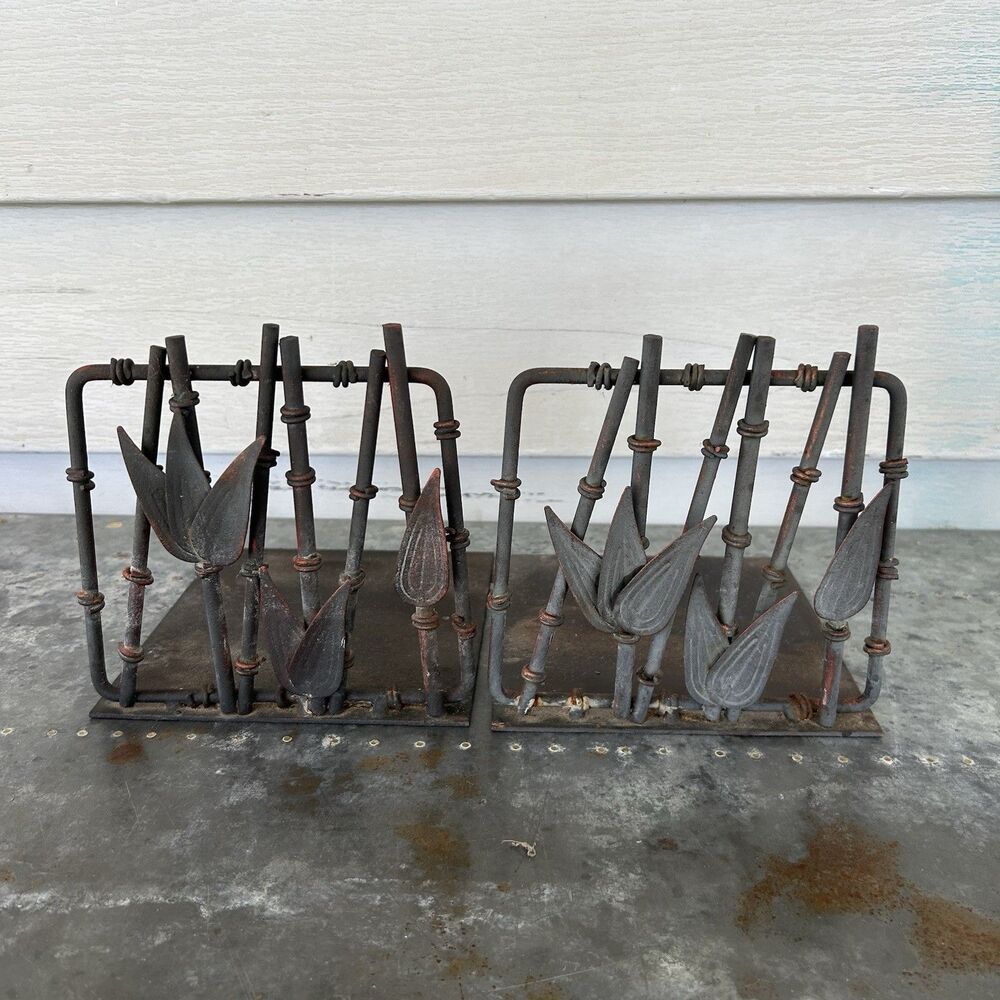 Vintage Metal Tulip Bookends Set Of 2 Bamboo Metal Art Floral Rustic Industrial